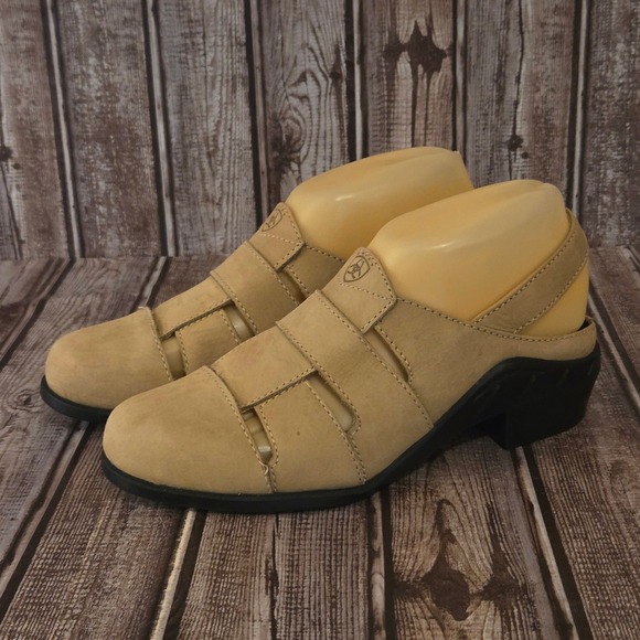 Ariat Shoes - Sz 6 M Womens Ariat Tan Nubuck Leather Cage Clogs‎ Slingback Mules Block Heel